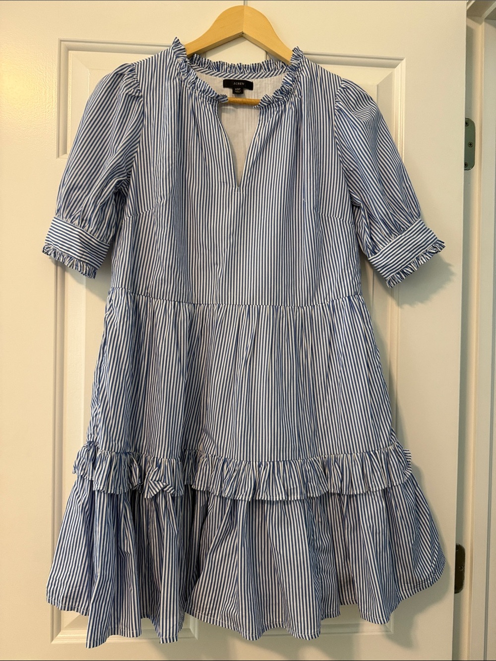 J. Crew Blue and White Stripe Ruffle Tiered Dress